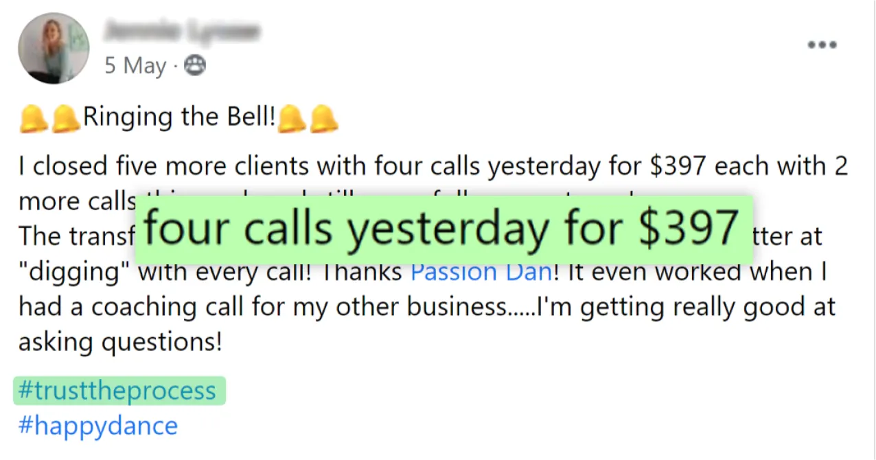 Creator success post — four calls for $397